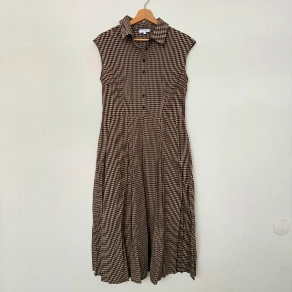 Rihoas Brown Plaid Button Pleated Midi Dress NWT - Picture 7 of 8